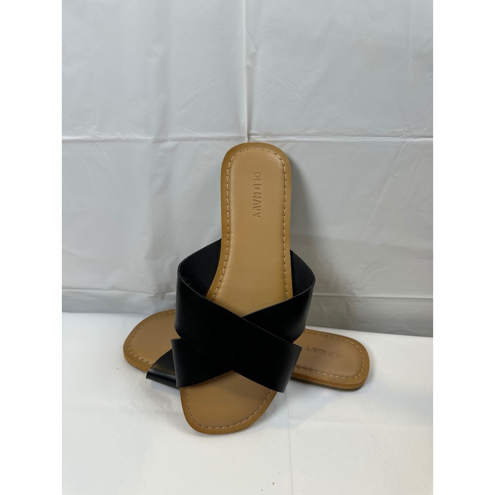 Old Navy Womens Black Faux Leather Criss-Cross Strap Slide Sandals Flat‎ size 7